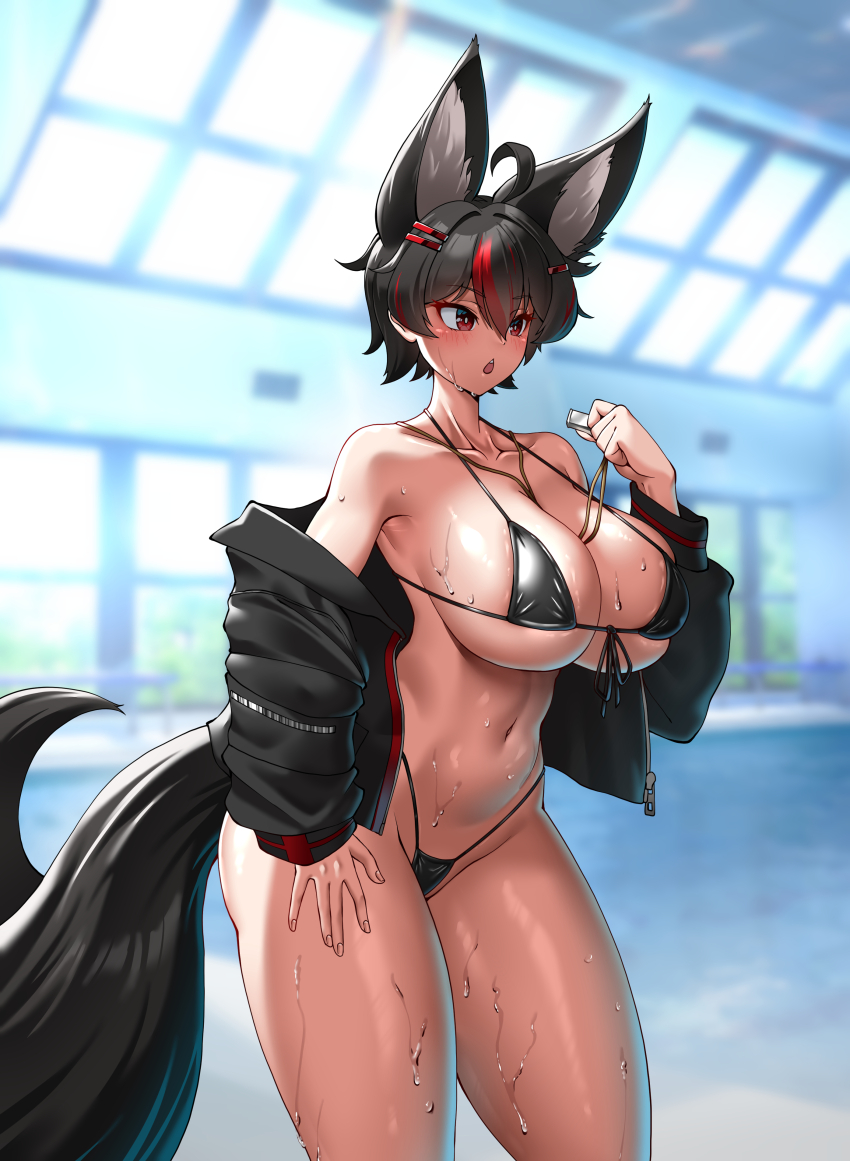 1girl absurdres ahoge animal_ear_fluff animal_ears bikini black_bikini black_hair breasts front-tie_bikini_top front-tie_top hair_ornament hairclip highleg highleg_bikini highres hitch_(perotoss) indoor_pool jacket large_breasts multicolored_hair navel off-shoulder_jacket off_shoulder open_clothes open_jacket open_mouth original pool red_eyes red_hair rei_no_pool short_hair solo standing swimsuit tail thick_thighs thighs wet whistle whistle_around_neck