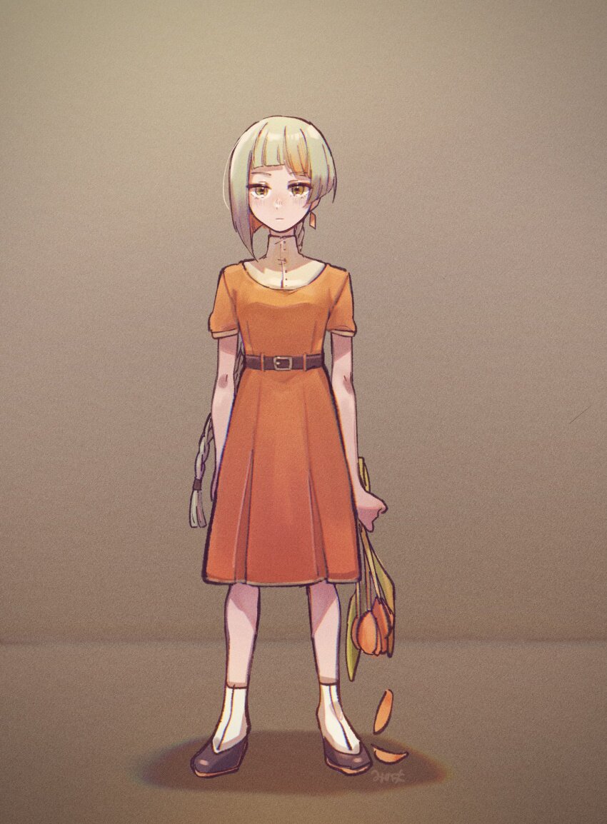 1girl arms_at_sides asymmetrical_sidelocks belt blunt_bangs brown_background cevio chis-a collar collared_dress colored_inner_hair colored_tips commentary dress earrings expressionless falling_petals film_grain flower full_body green_hair highres holding holding_flower indoors jewelry medium_dress mi_no_take multicolored_hair orange_dress orange_flower orange_hair petals shadow short_hair short_sleeves single_earring socks solo standing two-tone_hair voisona white_collar white_socks yellow_eyes