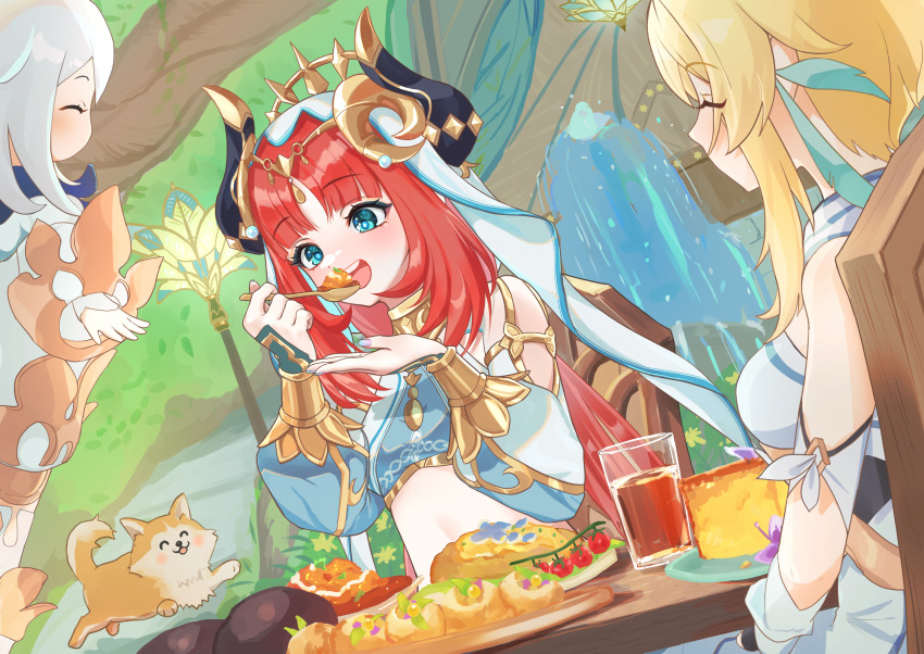 3girls :d absurdres aqua_eyes aqua_nails arin_(1010_ssu) blonde_hair circlet closed_eyes commentary_request crop_top cup day dog fake_horns fingernails floating food fountain genshin_impact gold_trim hands_up headdress highres holding holding_spoon horns light_blush long_sleeves looking_at_food lumine_(genshin_impact) midriff multicolored_nails multiple_girls nail_polish navel nilou_(genshin_impact) on_chair open_mouth outdoors paimon_(genshin_impact) parted_bangs pink_nails puffy_long_sleeves puffy_sleeves puppy sitting smile spoon table tahchin upper_body veil white_hair white_veil