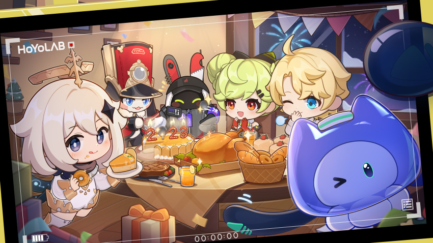 &gt;_o 1boy 2023 2girls 3others :d ^_^ absurdres ahoge ai-chan_(honkai_impact) bangboo_(zenless_zone_zero) bare_shoulders black_eyes black_jacket black_scarf blonde_hair blue_eyes bow bread cake chibi closed_eyes company_connection crossover cupcake davis_(tears_of_themis) double_bun dress elbow_gloves fireworks food food_on_face fork genshin_impact gift gloves green_bow green_hair hair_bow hair_bun hair_ornament halo happy_new_year highres holding holding_food holding_phone honkai:_star_rail honkai_(series) honkai_impact_3rd indoors jacket juice knife long_hair long_sleeves looking_at_viewer mihoyo mimo_(mihoyo) multiple_girls multiple_others new_year night night_sky official_art one_eye_closed open_mouth orange_eyes orange_gloves orange_juice paimon_(genshin_impact) phone plate pom-pom_(honkai:_star_rail) red_jacket scarf selfie short_hair sky smile snow steak table tears_of_themis tongue tongue_out turkey_(food) white_dress white_hair window zenless_zone_zero