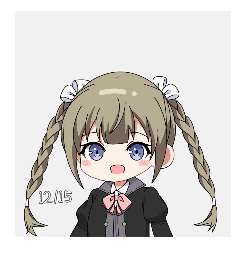 1girl :d arms_at_sides assault_lily black_jacket blue_eyes blunt_bangs blush border bow bowtie braid brown_hair chibi collared_shirt commentary dated grey_background hair_ribbon highres jacket juliet_sleeves kishimoto_lucia_raimu long_hair long_sleeves looking_at_viewer ludvico_private_girls&#039;_academy_school_uniform open_mouth pink_bow pink_bowtie puffy_sleeves ribbon school_uniform shirt simple_background smile solo twin_braids twintails upper_body white_border white_ribbon white_shirt yui_(yui1115_)