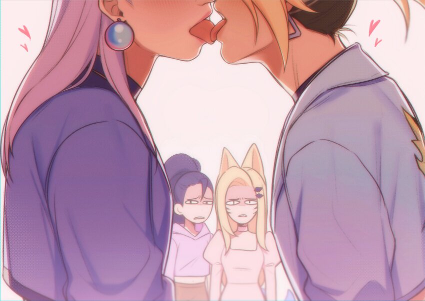 4girls absurdres ahri_(league_of_legends) akali animal_ears blonde_hair brown_hair commentary dress earrings english_commentary evelynn_(league_of_legends) fox_ears french_kiss goku_inu_go_kuken grey_jacket heart highres hood hoodie jacket jewelry kai&#039;sa kiss league_of_legends long_hair looking_at_another multicolored_hair multiple_girls parted_lips pink_dress pink_hair ponytail purple_hair purple_hoodie purple_jacket simple_background streaked_hair tongue tongue_out white_background yuri
