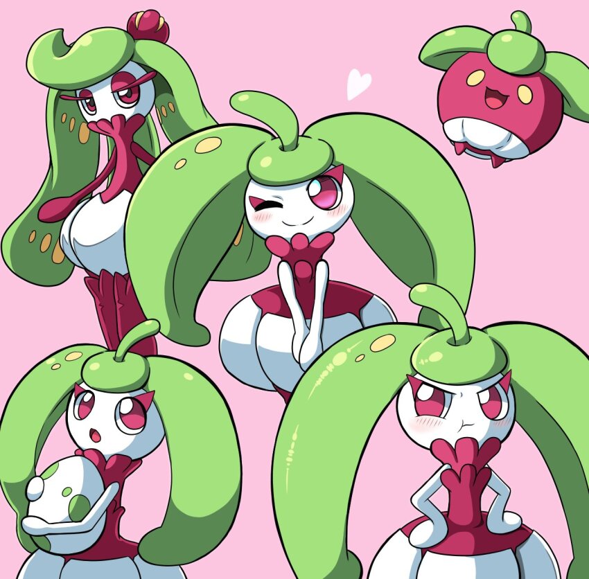 :d :o :t blush bounsweet bright_pupils closed_mouth commentary_request egg evolutionary_line game_freak gen_7_pokemon hands_on_own_hips highres holding holding_egg nintendo open_mouth pink_background pink_eyes pokemon pokemon_(creature) pokemon_egg pokemon_focus pout simple_background smile split_mouth steenee takamame tsareena white_pupils yellow_eyes