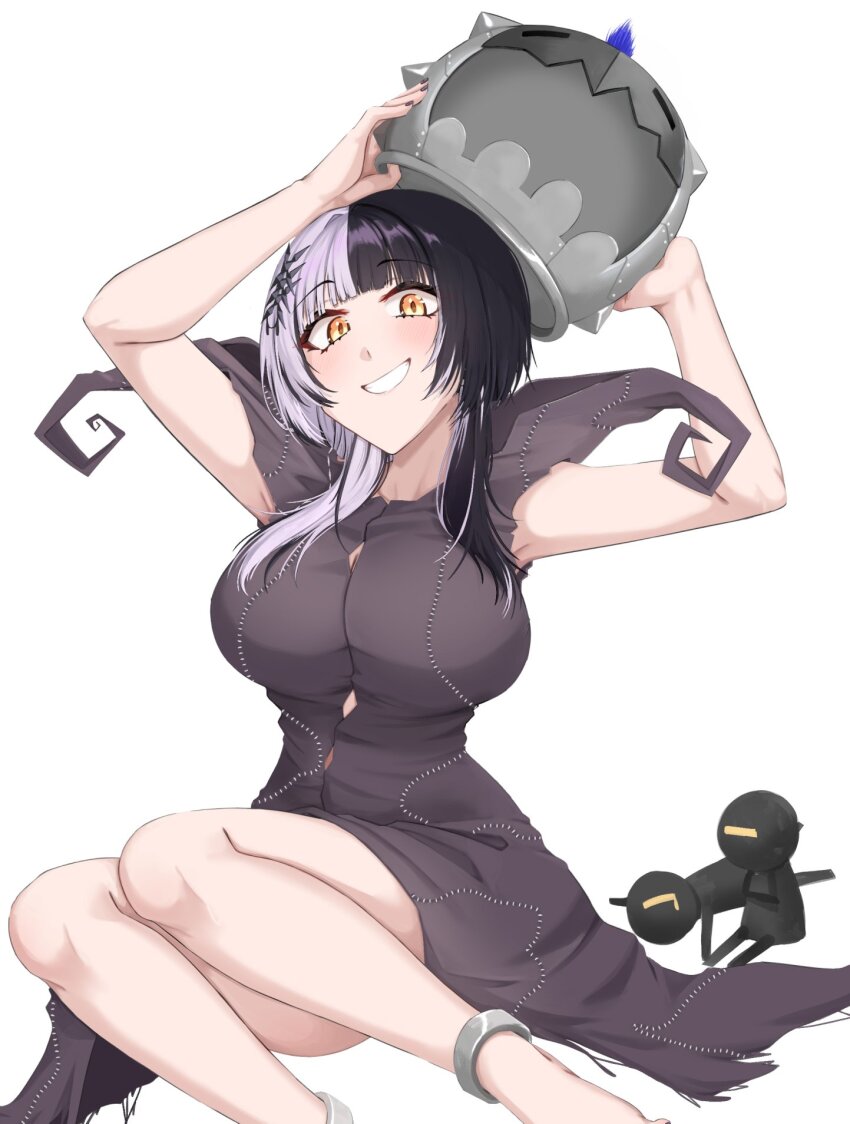 1girl arms_up black_hair breasts button_gap character_costume dress grey_dress grey_hair highres hololive hololive_english large_breasts long_hair looking_at_viewer mmneko multicolored_hair novelites_(shiori_novella) shiori_novella simple_background solo split-color_hair two-tone_hair virtual_youtuber white_background yellow_eyes