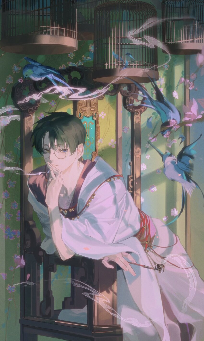 1boy architecture bantian_daxi bird birdcage black_hair blue_bird blue_eyes cage chair cigarette collarbone commentary_request east_asian_architecture expressionless falling_petals glasses heterochromia highres holding holding_cigarette indoors japanese_clothes kimono leaning_on_object male_focus on_chair parted_bangs parted_lips petals red_shirt shirt short_hair sidelighting sideways_glance smoke smoking sunlight tsurime watanuki_kimihiro white_kimono xxxholic yellow_eyes