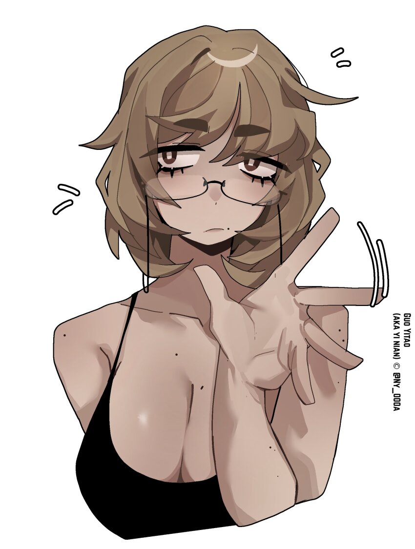 1girl absurdres bikini black_bikini breasts brown_hair closed_mouth glasses guo_yitao_(ny_000a) highres large_breasts limbus_company looking_at_viewer mole mole_on_arm mole_on_breast mole_on_shoulder ny_000a original project_moon short_hair simple_background solo swimsuit white_background