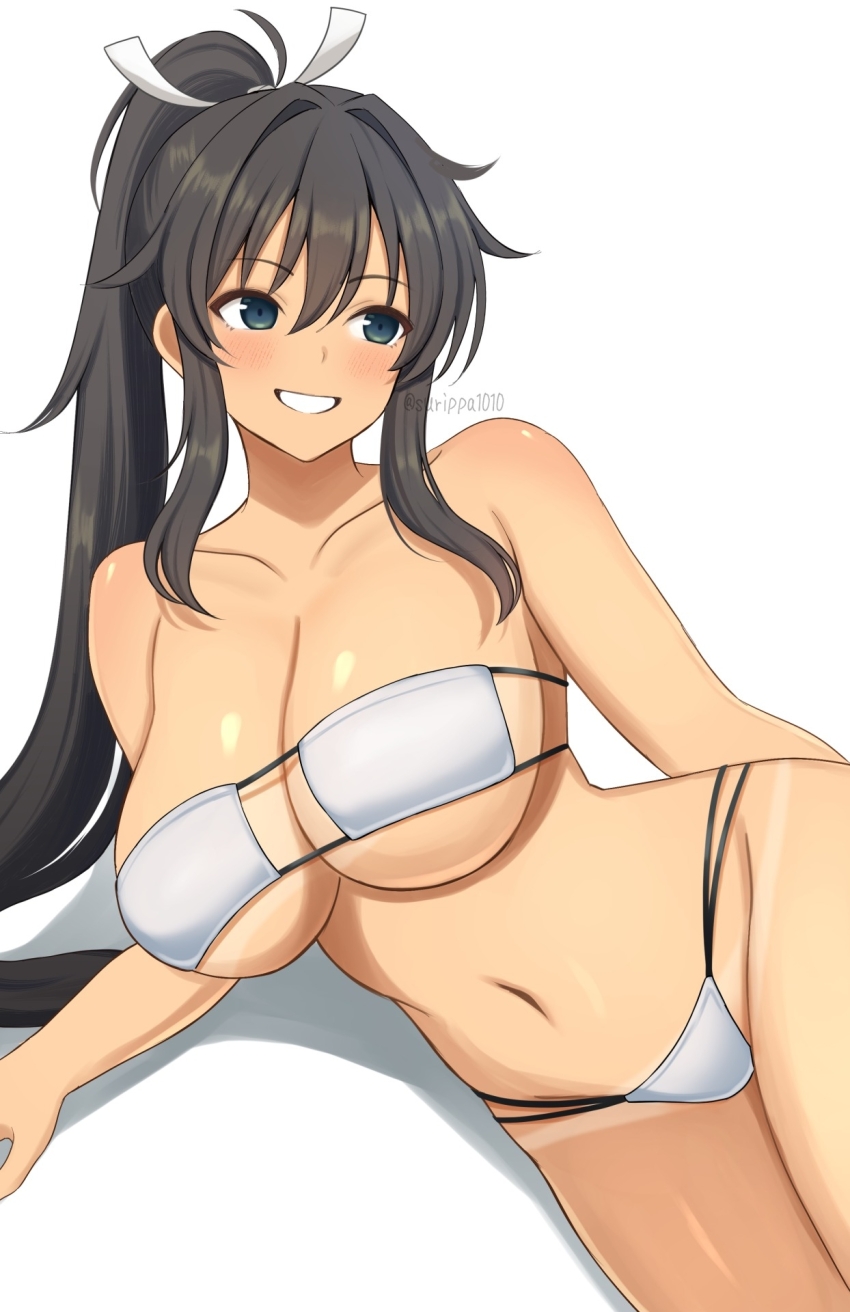 1girl arm_support artist_name bikini breasts collarbone commentary_request eyepatch_bikini grin hair_between_eyes hair_intakes high_ponytail highres homura_(senran_kagura) huge_breasts long_hair looking_to_the_side lying navel on_side ponytail senran_kagura simple_background smile solo surippa1010 swimsuit tan tanline thighs twitter_username underboob very_long_hair white_background white_bikini