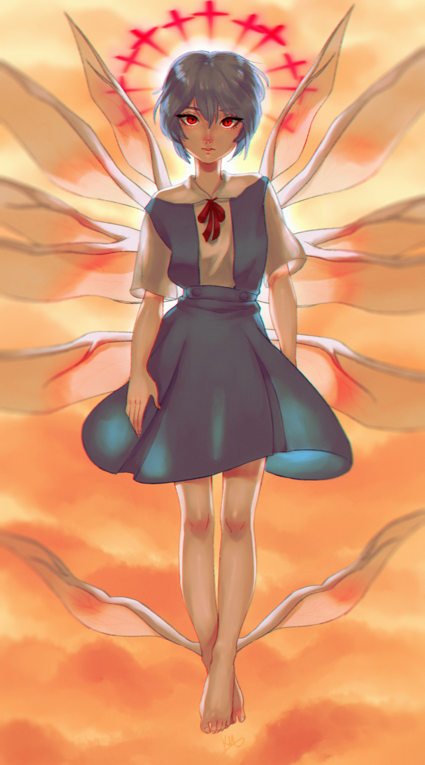 1girl angel ankle_wings ayanami_rei backlighting blue_hair blue_skirt bow bowtie breasts closed_mouth cloud cloudy_sky collared_shirt commentary cross_halo dress_shirt english_commentary expressionless eyelashes floating glowing glowing_eyes glowing_halo hair_between_eyes halo highres kittiepng looking_at_viewer multiple_wings neck_ribbon neon_genesis_evangelion nose orange_sky parted_lips red_bow red_bowtie red_eyes red_halo red_ribbon ribbon school_uniform see-through_silhouette shirt short_hair short_sleeves skirt sky small_breasts solo suspender_skirt suspenders the_end_of_evangelion tokyo-3_middle_school_uniform white_shirt wings