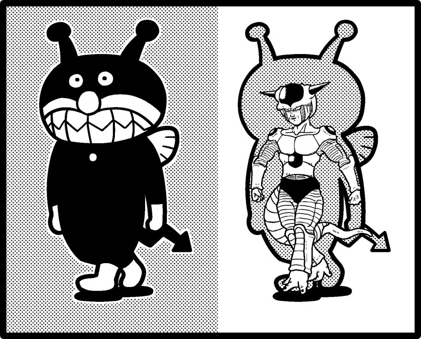 1boy alien anpanman baikinman blurry disguise dragon_ball frieza highres horns koutarosu monochrome nakao_ryuusei no_humans pectorals simple_background smile solo tail voice_actor_connection walking x-ray
