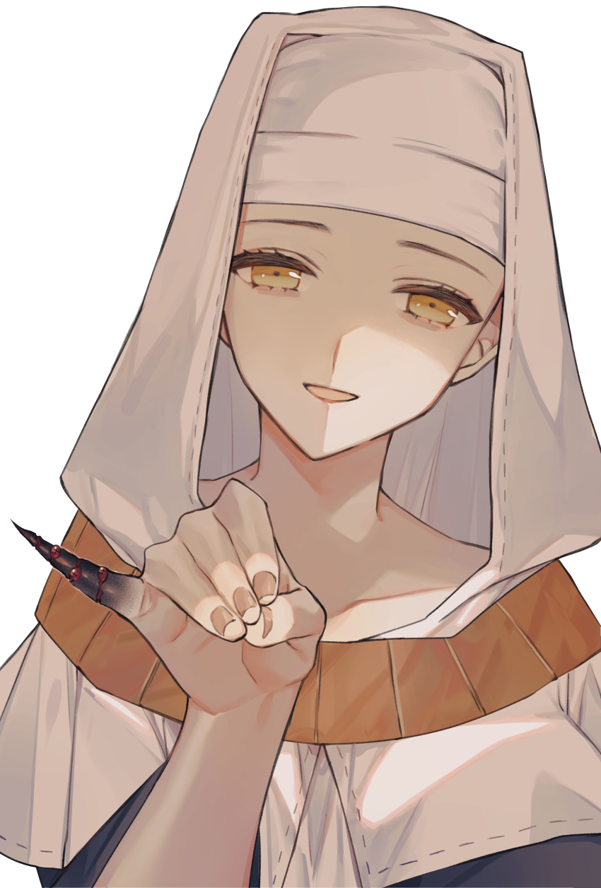 1girl absurdres albino_(a1b1n0623) black_dress breasts coif demon_pillar_(fate) dress eyeball fate/grand_order fate_(series) fingernails gold_necklace hand_up highres jewelry large_breasts long_sleeves looking_at_viewer necklace nun open_mouth sessyoin_kiara simple_background solo third-party_source upper_body white_background yellow_eyes