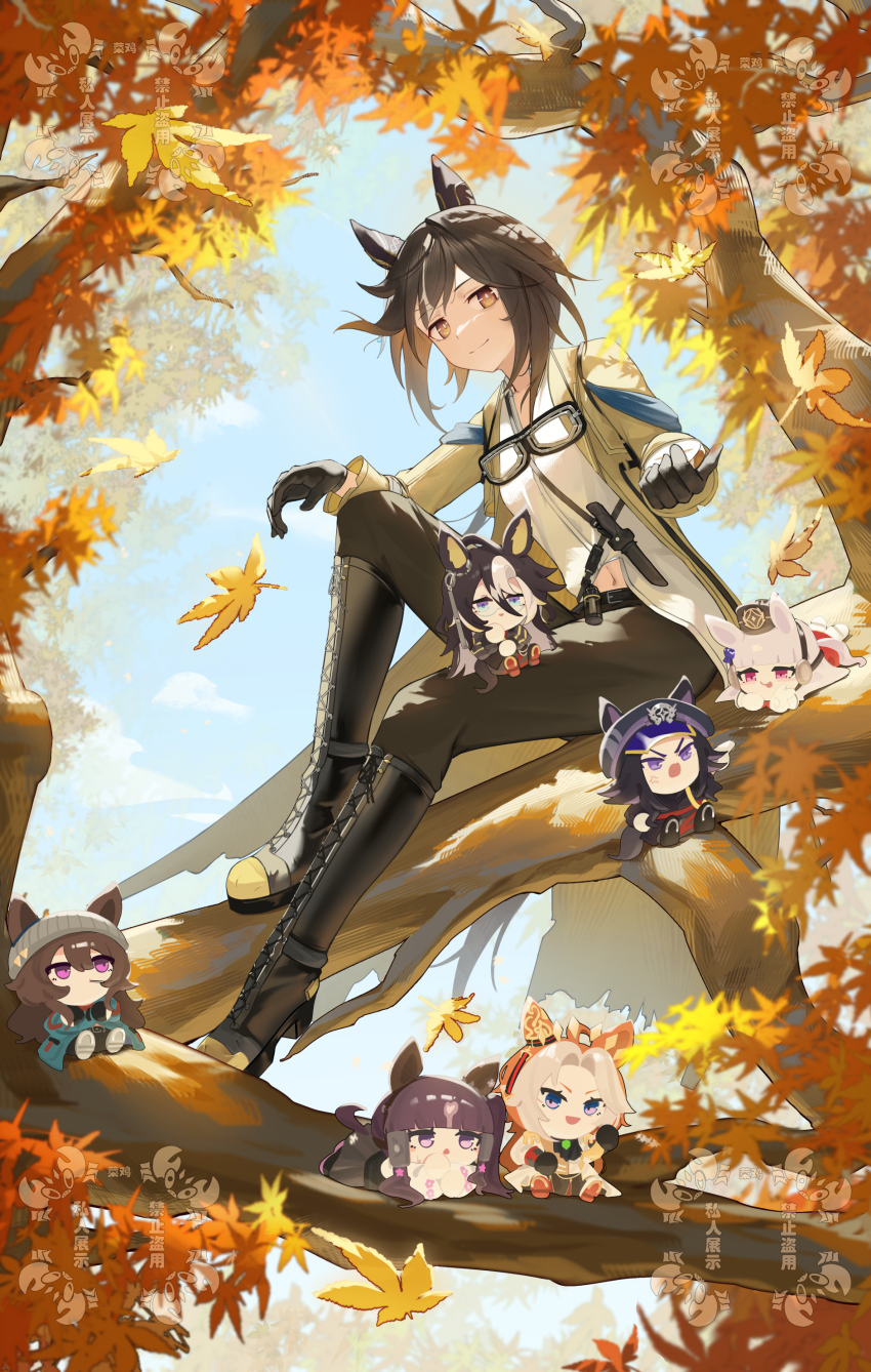 6+girls :p absurdres anger_vein animal_ears autumn_leaves beanie black_hair blue_eyes blunt_bangs boots bow branch brown_eyes brown_hair cai_ji_(user_jmrv4342) chinese_commentary closed_mouth coat commentary_request crossed_arms day dream_journey_(umamusume) ear_bow ear_covers ear_ornament ears_through_headwear eyebrows_hidden_by_hair fenomeno_(umamusume) floating_hair full_body glasses goggles goggles_around_neck gold_ship_(red_strife)_(umamusume) gold_ship_(umamusume) grey_hair hair_between_eyes hat highres horse_ears horse_girl horse_tail horseshoe_hat_ornament horseshoe_ornament in_tree knee_up knife knife_sheath lace-up_boots leaf light_smile long_hair long_sleeves looking_at_another looking_at_viewer lucky_lilac_(umamusume) lying maple_leaf midriff_peek mini_person minigirl multicolored_hair multiple_girls nakayama_festa_(umamusume) navel on_stomach open_clothes open_coat open_mouth orfevre_(control)_(umamusume) orfevre_(umamusume) outdoors pants peaked_cap pillbox_hat pink_eyes purple_eyes revision semi-rimless_eyewear sheath shirt_partially_tucked_in short_hair sitting sitting_in_tree sitting_on_branch sitting_on_leg sitting_on_person size_difference skirt smile stay_gold_(umamusume) stay_gold_clan_(umamusume) tail tongue tongue_out tree tube umamusume under-rim_eyewear v-shaped_eyebrows wind