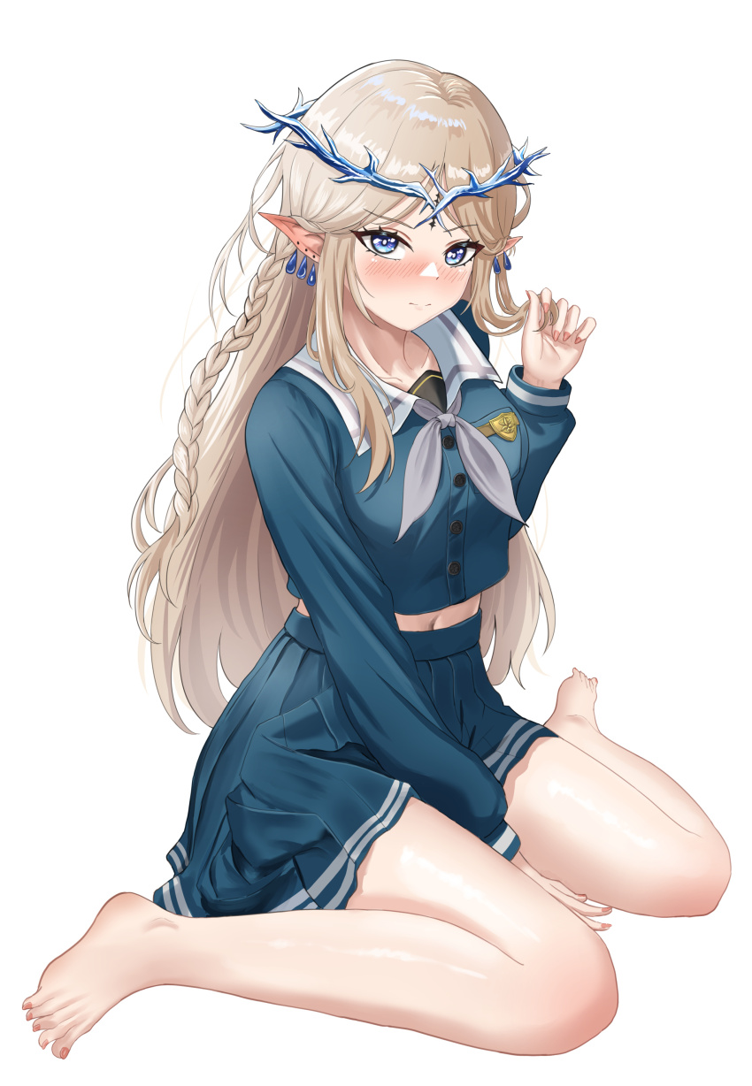 1girl absurdres ayloss bang_dream! bare_legs barefoot between_legs blonde_hair blue_eyes blue_serafuku blush braid breasts cartethyia_(wuthering_waves) closed_mouth collarbone commentary_request cosplay crown_of_thorns earrings feet fingernails full_body grey_neckerchief hand_between_legs highres jewelry legs long_hair long_sleeves looking_at_viewer medium_breasts midriff nagasaki_soyo nagasaki_soyo_(cosplay) navel neckerchief pointy_ears school_uniform serafuku sidelocks simple_background sitting solo tacet_mark_(wuthering_waves) toes twirling_hair wariza white_background wuthering_waves