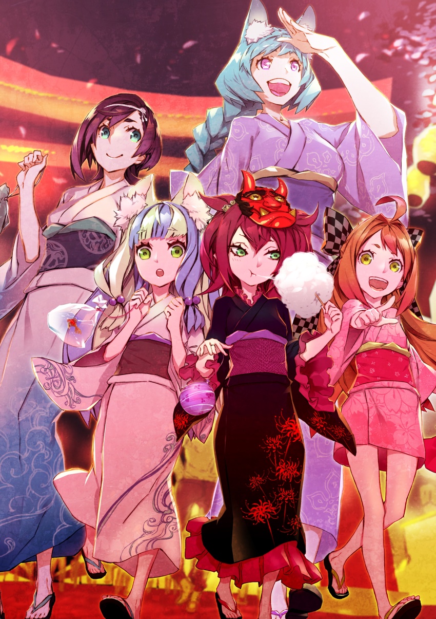 5girls 7th_dragon_(series) 7th_dragon_iii absurdres ahoge banisher_(7th_dragon_iii) black_hair black_kimono blue_eyes blue_hair blush bow checkered_bow checkered_clothes child closed_mouth commentary cotton_candy duelist_(7th_dragon) eating festival fish floral_print food fortuner_(7th_dragon) frilled_kimono frills full_body goldfish green_eyes green_hair hair_bow highres holding holding_cotton_candy holding_food japanese_clothes kimono long_hair looking_at_another looking_up mage_(7th_dragon) mage_(7th_dragon_iii) mask miwa_shirow multicolored_hair multiple_girls oni_mask open_mouth orange_hair pink_kimono pointing purple_kimono purple_sash red_hair red_sash samurai_(7th_dragon) sandals sash shading_eyes short_hair short_kimono smile spider_lily_print teeth torii two-tone_hair upper_teeth_only walking water_yoyo white_kimono yaiba_(7th_dragon_iii) yellow_eyes zouri