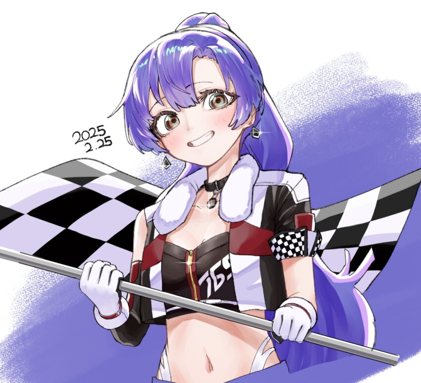 1girl birthday black_collar blue_background blue_hair blush brown_eyes checkered_clothes collar crop_top cropped_jacket dated earrings flag flat_chest gloves grin highres holding holding_flag idolmaster idolmaster_(classic) idolmaster_million_live! idolmaster_million_live!_theater_days jacket jewelry kisaragi_chihaya midriff navel open_clothes open_jacket ponytail race_queen roadcrow single_sleeve smile solo two-tone_background upper_body white_background white_gloves