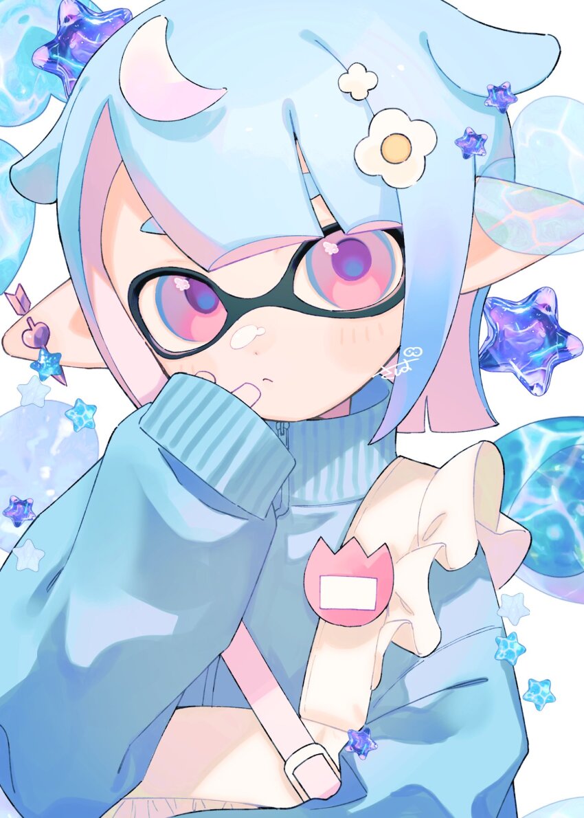 1girl asymmetrical_bangs blue_hair blue_sweater closed_mouth colored_inner_hair crescent crescent_hair_ornament dot_nose hair_ornament highres inkling inkling_girl inkling_player_character long_hair looking_at_viewer multicolored_hair nintendo parted_bangs pink_eyes pink_hair pointy_ears sabata_saba signature sleeves_past_wrists solo splatoon_(series) splatoon_3 sweater tentacle_hair turtleneck turtleneck_sweater two-tone_hair upper_body white_background