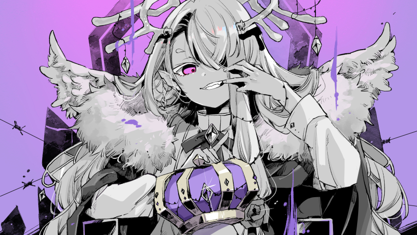 1girl crown feathered_wings grin hair_over_one_eye halo hand_up highres indie_virtual_youtuber king_(vocaloid) long_hair long_sleeves looking_at_viewer mito_(go!go!king!) purple_background purple_eyes ravula_fuju shirt sitting smile solo unworn_crown very_long_hair virtual_youtuber wings