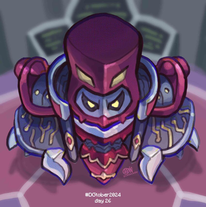 absurdres black_sclera blurry blurry_background chibi colored_sclera commentary cwdw digimon digimon_world_3 full_body highres looking_at_viewer lord_megadeath solo yellow_eyes