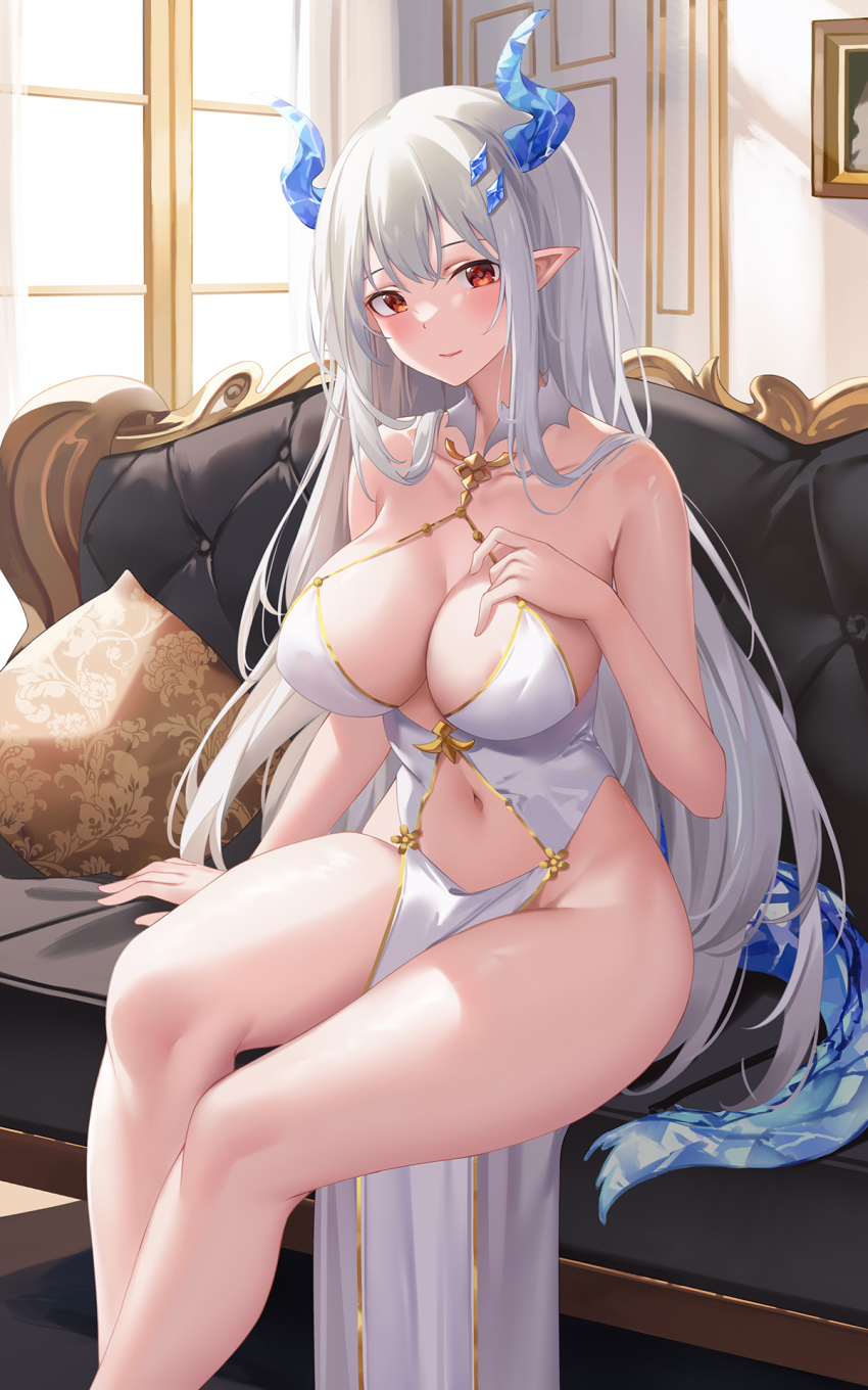 1girl areola_slip bare_arms bare_legs blush breasts brown_eyes cleavage closed_mouth clothing_cutout collarbone couch crystal_horns crystal_tail cushion dress green_eyes hair_ornament hairclip highres horns indoors long_hair looking_at_viewer medium_breasts navel navel_cutout no_panties original pelvic_curtain picture_frame pointy_ears sidelocks sitting solo suzuame_yatsumi tail thighs very_long_hair white_dress