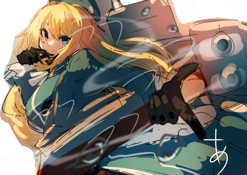 1girl adapted_turret atago_(kancolle) beret black_gloves blonde_hair blue_hat blush breasts cannon gloves green_eyes hat highres kantai_collection large_breasts long_hair looking_at_viewer machinery military military_uniform rigging ship_turret signature simple_background smile smoke solo sunday_aki white_background