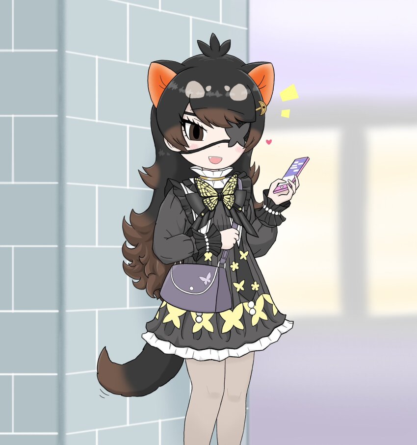 1girl australian_devil_(kemono_friends) black_dress black_hair blush bow bowtie brown_eyes brown_hair butterfly_ornament cellphone collar cowboy_shot dress extra_ears eyepatch fang frilled_collar frilled_dress frilled_sleeves frills heart highres kemono_friends long_hair long_sleeves official_alternate_costume open_mouth phone pleated_dress puffy_sleeves sheer_pantyhose sleeve_cuffs smartphone smile solo star_(symbol) tasmanian_devil_ears tasmanian_devil_tail tobinosuke12 yellow_bow yellow_bowtie