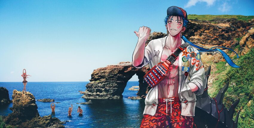 1girl 4boys baseball_cap bikini blue_hair bodypaint character_request check_character chest_tattoo cu_chulainn_(fate) cu_chulainn_alter_(fate) cu_chulainn_alter_(under_the_same_sky)_(fate) diarmuid_ua_duibhne_(fate) diarmuid_ua_duibhne_(lancer)_(fate) facial_mark fate/grand_order fate_(series) fergus_mac_roich_(fate) fionn_mac_cumhaill_(fate/grand_order) hat highres horizon jacket long_hair looking_at_viewer male_focus male_swimwear medb_(fate) medb_(swimsuit_saber)_(fate) multiple_boys official_art open_clothes open_jacket outdoors parted_lips photo_background pointing ponytail red_eyes shimadoriru smile swim_trunks swimsuit tail tattoo wading water