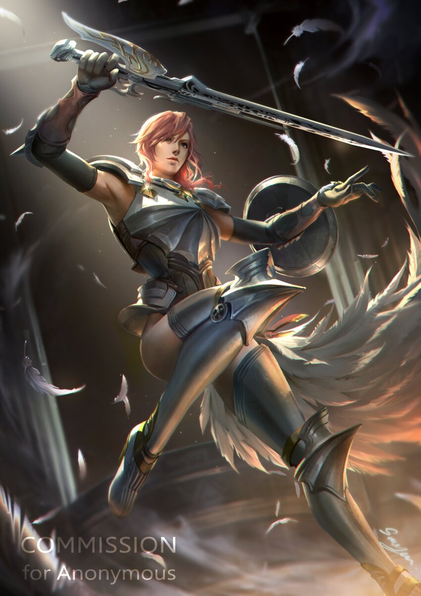 1girl absurdres armor armpits asymmetrical_hair black_sleeves breastplate commission credits detached_sleeves feather_skirt feathers final_fantasy final_fantasy_xiii final_fantasy_xiii-2 full_body gloves highres holding holding_sword holding_weapon leotard leotard_under_clothes lightning_farron sariya_asa shield shoulder_armor signature solo sword weapon