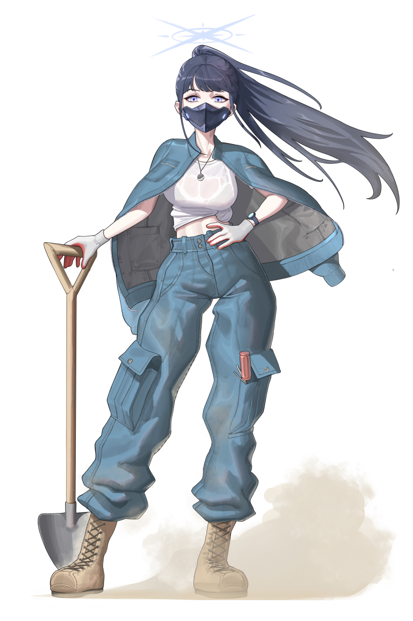 1girl absurdres alternate_costume alternate_hairstyle black_mask blue_archive blue_eyes blue_jacket blue_pants boots bra_visible_through_clothes brown_boots cargo_pants chojja construction_worker gloves greyscale hand_on_own_hip highres holding holding_shovel jacket jacket_on_shoulders long_hair looking_at_viewer monochrome pants ponytail saori_(blue_archive) shirt shovel solo sweat tied_shirt watch white_gloves white_shirt wristwatch