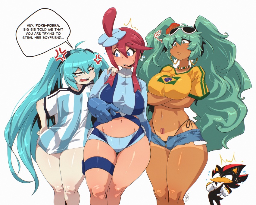 1boy 2024_pokemon_teraleak 3girls ahoge anger_vein aqua_eyes aqua_hair argentinian_miku arms_under_breasts bikini black_bikini blue_eyes brazilian_flag brazilian_flag_print brazilian_miku breasts closed_mouth commentary crossed_arms dark-skinned_female dark_skin denim denim_shorts dual_persona earrings english_commentary english_text eyebrows_hidden_by_hair eyewear_on_head flag_print flower flying_sweatdrops frown hair_between_eyes hair_flower hair_ornament hair_scrunchie hand_on_another&#039;s_shoulder hatsune_miku highres hoop_earrings i_just_love_latinas_sonic_(meme) jersey jewelry large_breasts long_hair looking_at_another medium_hair meme multiple_girls navel necklace nintendo open_mouth partially_unzipped pearl_necklace pokemon pokemon_bw pubic_tattoo red_hair ryou_sakai scrunchie shadow_the_hedgehog shadow_the_hedgehog_(game) shirt short_shorts shorts signature simple_background skyla_(pokemon) small_breasts sonic_(series) stomach striped_clothes striped_shirt sunglasses swimsuit tan tanline tattoo teeth thick_thighs thigh_strap thighs twintails very_long_hair vocaloid white_background