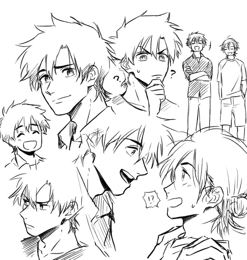 !? 2boys ? ^_^ ajiro_shinpei choko_egg closed_eyes closed_mouth collared_shirt commentary_request crossed_arms eye_contact frown greyscale hair_bun hand_in_pocket hand_on_own_chin hands_on_another&#039;s_shoulders highres looking_at_another looking_at_viewer male_focus minakata_ryuunosuke monochrome multiple_boys open_mouth pants shirt short_hair short_sleeves shorts simple_background single_hair_bun smile standing summertime_render white_background
