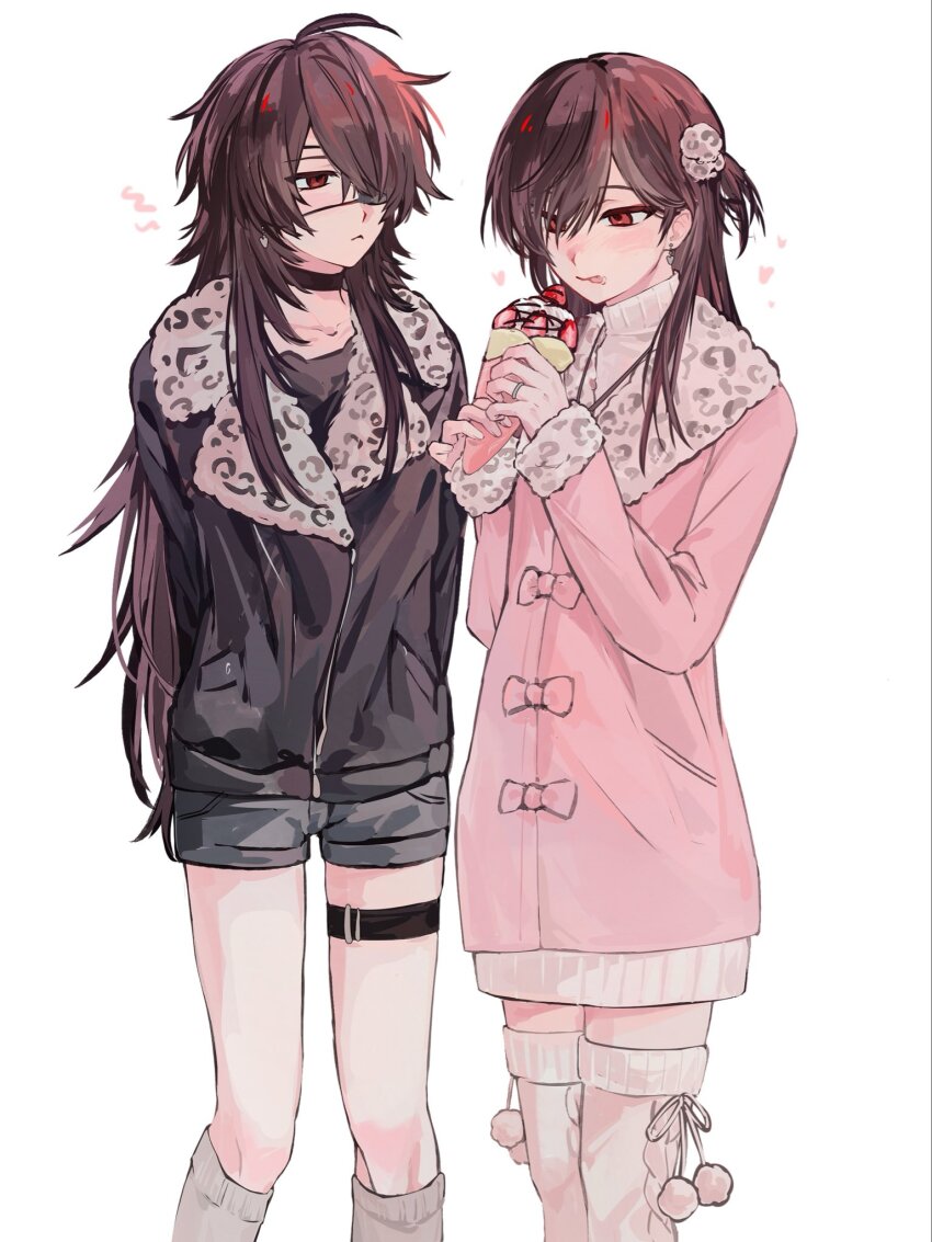 2girls :&lt; :p akane047 animal_print ariake_(ooe) black_choker black_hair black_jacket black_shirt blush choker closed_mouth crepe earrings eyepatch fluffy_legwear food fur_trim genderswap genderswap_(mtf) grey_shorts gyaru hair_ornament hair_over_one_eye highres himekaji holding holding_crepe holding_food jacket jewelry leg_warmers leg_wrap leopard_print long_hair long_sleeves looking_at_another messy_hair multiple_girls ooe_(game) pink_jacket red_eyes ring rokku_gyaru shinbashi_(ooe) shirt short_shorts shorts simple_background socks standing thigh_strap thighhighs tongue tongue_out turtleneck very_long_hair white_background