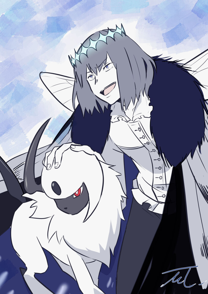1boy absol absurdres black_pants bright_pupils cloak collarbone crossover diamond_hairband dragonfly_wings dress_shirt fate_(series) fingernails frilled_shirt_collar frills fur-trimmed_cloak fur_trim gen_3_pokemon grey_eyes grey_hair highres leaning_forward male_focus mmmpsychedelic138 nintendo oberon_(fate) oberon_(third_ascension)_(fate) open_mouth pants pokemon pokemon_(creature) red_eyes shirt signature teeth upper_teeth_only white_pupils white_shirt