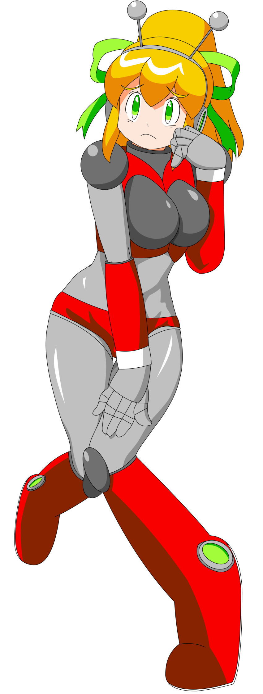 absurdres android antennae armor armored_boots armored_gloves asagi10932 bikini_armor blonde_hair boots breasts green_eyes green_ribbon hair_ribbon hairband hand_on_own_face hand_on_own_leg headphones highres hyper_roll_(marvel_vs._capcom) joints knee_boots large_breasts long_hair looking_at_viewer marvel_vs._capcom mechanical_arms mechanical_boots mechanical_legs mega_man_(classic) mega_man_(series) ponytail radio_antenna red_armor ribbon robot robot_girl robot_joints roll_(mega_man) shoulder_armor sidelocks simple_background white_background