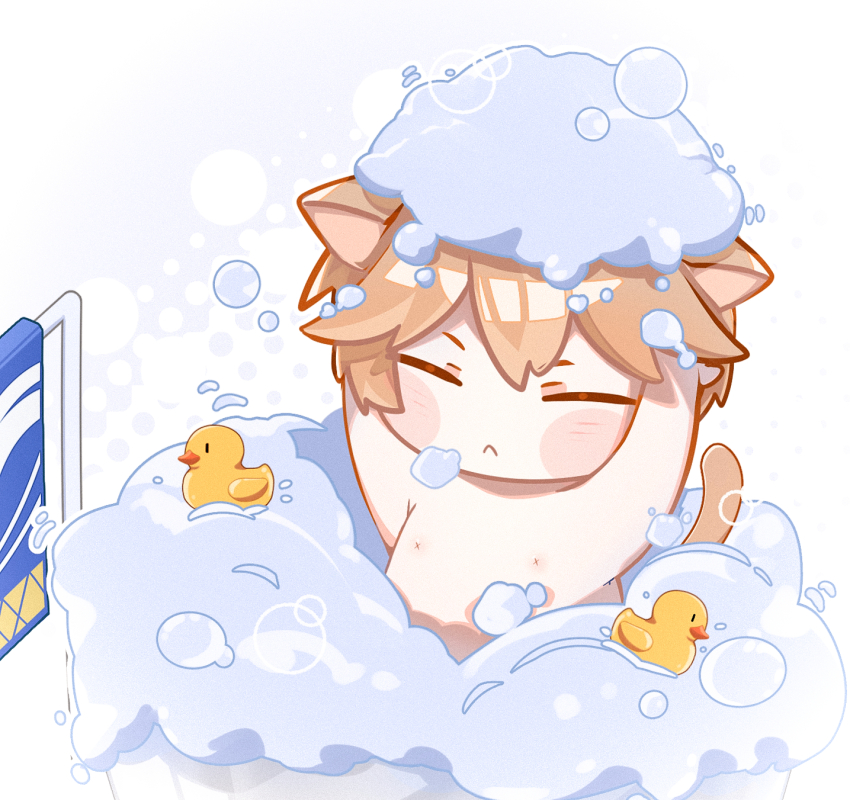 1boy animal_ears bath bath_towel cat_ears chibi dochikun highres image_sample lee:_palefire_(pgr) lee_(pgr) pixiv_sample punishing:_gray_raven rubber_duck solo solo_focus washing_hair