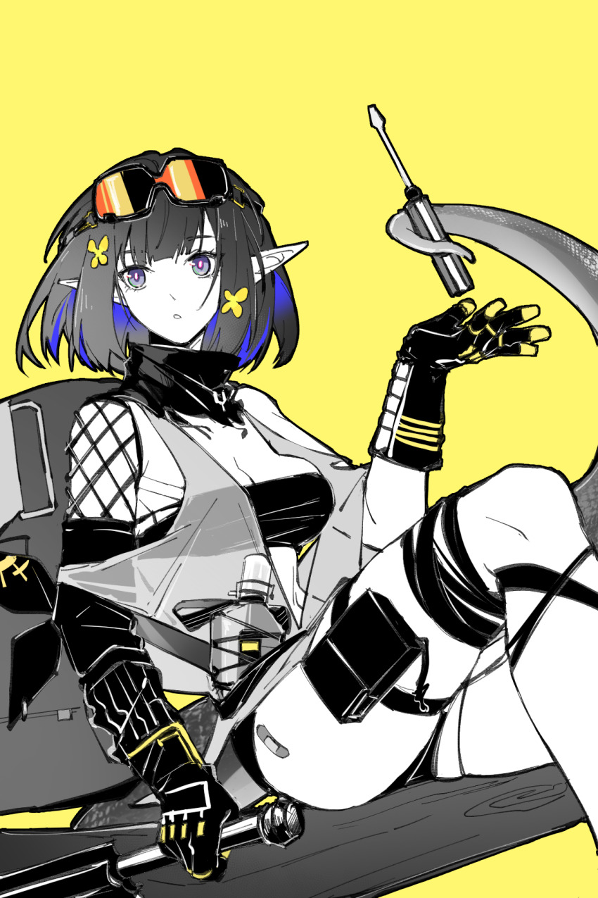 1girl :o arknights bandaid bandaid_on_leg bandeau bare_shoulders blue_hair breasts chinese_commentary cleavage colored_inner_hair commentary_request crop_top elbow_gloves eunectes_(arknights) feet_out_of_frame gloves goggles goggles_on_head highres holding holding_with_tail medium_breasts multicolored_hair parted_lips partial_commentary partially_colored piaoliu_ping_ping_ping_pingzi pointy_ears pouch prehensile_tail screwdriver short_hair simple_background sitting solo tail thigh_pouch thigh_strap yellow_background