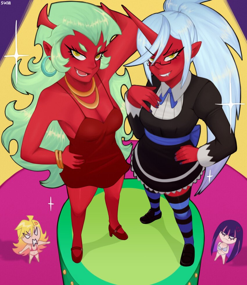 4girls absurdres angry artist_name belt black_leggings black_shirt black_shoes black_skirt black_thighhighs blank_eyes blonde_hair blue_belt blue_bow blue_hair blue_leggings blue_nails blue_necktie blue_pantyhose blue_thighhighs blunt_bangs bow bra bracelet breasts cleavage collar colored_inner_hair colored_skin commentary_request cosplay demon demon_girl demon_horns dress earrings fang flipped_bangs frilled_dress frilled_skirt frills full_body glasses gold_bracelet gold_necklace green_eyes green_hair hair_bow high_heels highres hoop_earrings horns jewelry kneesocks_(psg) leggings long_hair looking_at_viewer medium_breasts messy_hair multicolored_hair multiple_bracelets multiple_girls multiple_necklaces nail_polish neck_ribbon necklace necktie no_socks panty_&amp;_stocking_with_garterbelt panty_(psg) panty_(psg)_(cosplay) pantyhose pink_hair pink_streaks ponytail purple_hair red_dress red_horns red_nails red_shoes red_skin ribbon scanty_(psg) shirt shoes short_dress siblings sidelocks signature single_horn sisters skirt sleeveless sleeveless_dress smile standing stocking_(psg) stocking_(psg)_(cosplay) streaked_hair striped_clothes striped_leggings striped_thighhighs suchimonix swept_bangs thighhighs two-tone_hair underwear very_long_hair white_collar white_wrist_cuffs wrist_cuffs