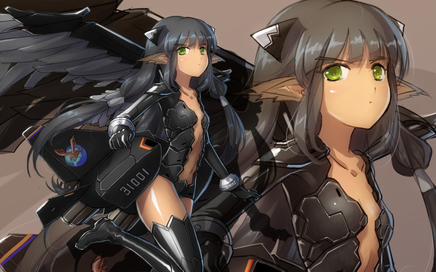 1girl aircraft airplane black_hair black_thighhighs boots ericsakura female_focus green_eyes highres jet long_hair looking_at_viewer mecha_musume navel object_310 original personification sketch solo thigh_boots thighhighs very_long_hair zoom_layer