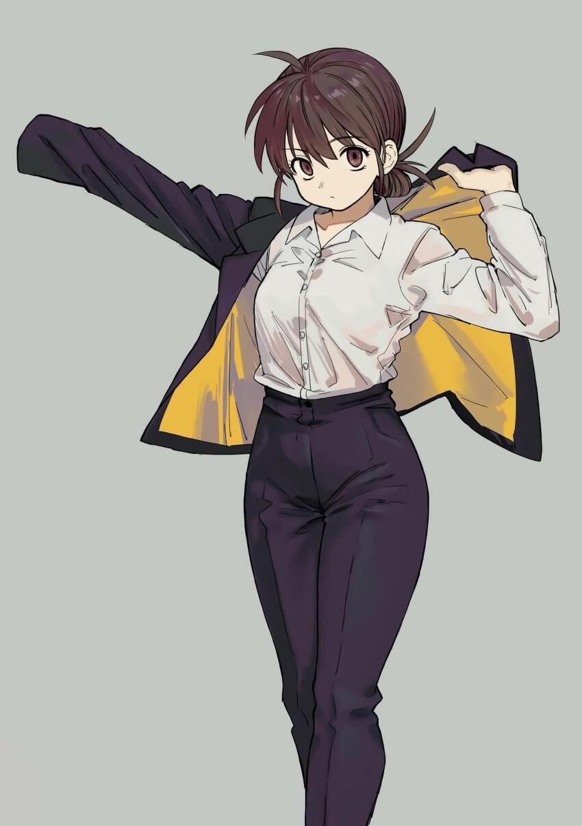 1girl alternate_costume black_pants braid brown_eyes brown_hair collared_shirt formal_clothes high-waist_pants highres ichigaya_sumire jacket looking_at_viewer non-web_source pant_suit pants putting_on_jacket rai_rai_rai shirt shirt_tucked_in solo standing suit suit_jacket tight_clothes tight_pants white_shirt yoshiaki_kei