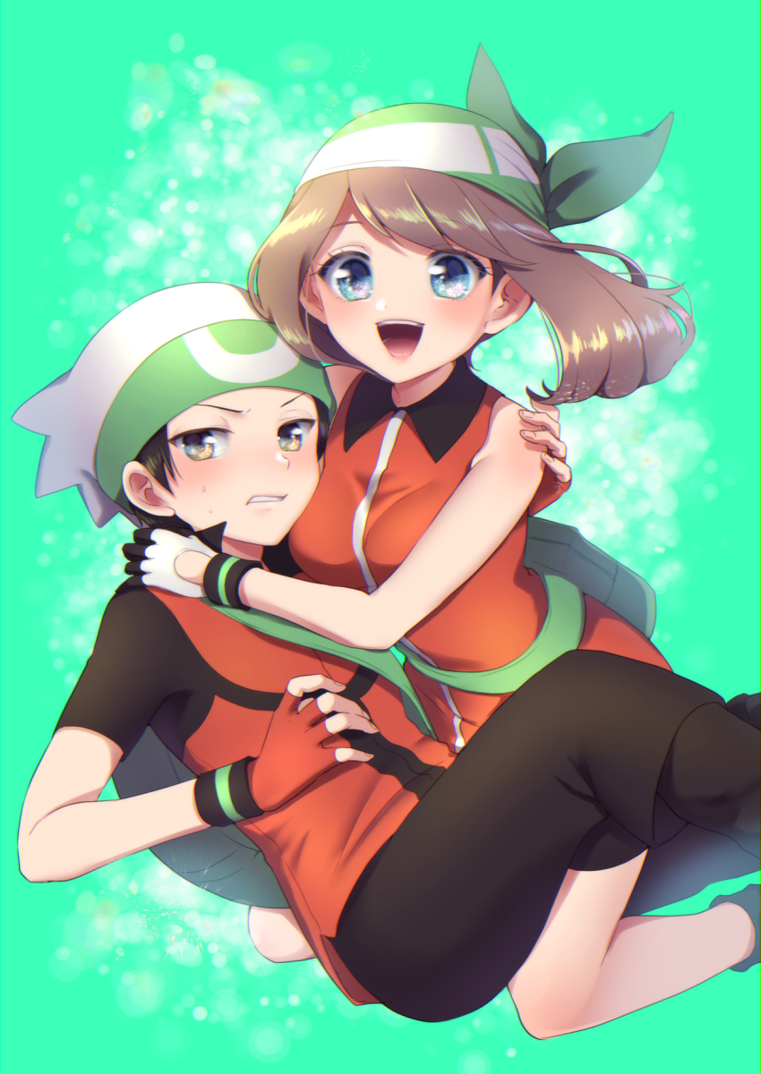 1boy 1girl :d aqua_background bandana bare_arms bare_shoulders bike_shorts black_hair black_pants blue_eyes blush breasts brendan_(pokemon) brendan_(pokemon_emerald) brown_hair collared_dress collared_shirt couple dress fanny_pack fingerless_gloves gloves green_bandana happy hat hetero highres hug kneeling looking_at_viewer may_(pokemon) may_(pokemon_emerald) medium_breasts mokorei multicolored_shirt nintendo open_mouth orange_gloves pants parted_lips pokemon pokemon_adventures pokemon_emerald pokemon_rse shirt short_dress short_hair short_sleeves sleeveless sleeveless_dress sleeveless_shirt smile swept_bangs teeth upper_teeth_only white_gloves yellow_eyes