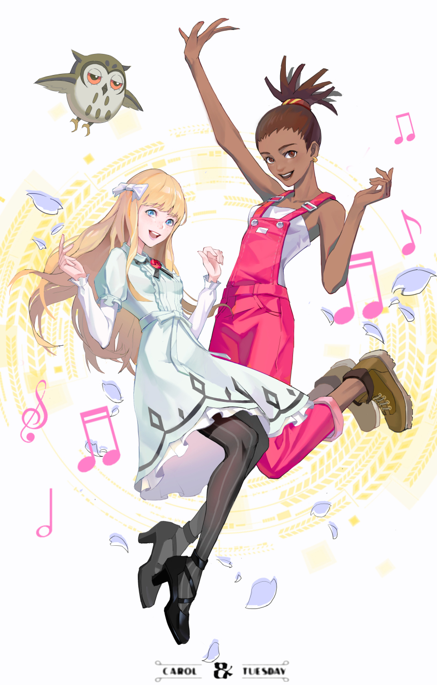 2girls :d absurdres animal ankle_strap aqua_ribbon arm_up bare_arms bare_shoulders beamed_eighth_notes beamed_sixteenth_notes bebai bird black_footwear black_neckwear blonde_hair blue_eyes blunt_bangs blush boots breasts brown_eyes brown_footwear brown_hair carole_&amp;_tuesday carole_stanley circle collarbone collared_dress commentary copyright_name cross-laced_footwear dark-skinned_female dark_skin dress earrings eighth_note english_commentary eyelashes fingernails floating_hair flower flying freckles frilled_sleeves frills full_body green_dress grey_legwear hair_ribbon hands_up happy high_heels high_ponytail highres hoop_earrings jewelry juliet_sleeves jumping knees_together_feet_apart legs_together legs_up lips long_hair long_sleeves looking_at_viewer multiple_girls musical_note necktie open_mouth overalls owl pantyhose petals pink_overalls ponytail puffy_sleeves quarter_note red_flower red_rose ribbon rose shaded_face shirt short_dress simple_background sleeves_past_wrists small_breasts smile strapless striped_clothes striped_legwear striped_pantyhose tareme teeth treble_clef tuesday_simmons two-tone_background upper_teeth_only vertical-striped_clothes vertical-striped_pantyhose very_dark_skin white_background white_ribbon white_shirt ziggy_(carole_&amp;_tuesday)