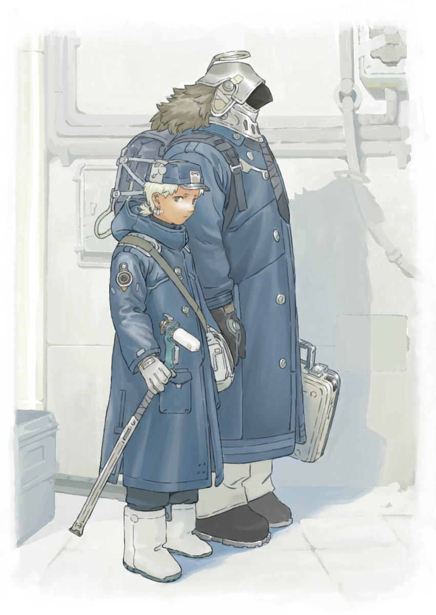 2boys absurdres backpack bag black_footwear black_gloves black_necktie blue_bag blue_coat blue_hat briefcase chenrong96 closed_mouth coat collared_coat earrings expressionless fake_halo gloves green_eyes grey_footwear grey_gloves grey_hair halo hat highres holding holding_briefcase hood hood_down jewelry long_sleeves looking_at_viewer male_focus multiple_boys necktie original ponytail revision short_hair short_ponytail standing