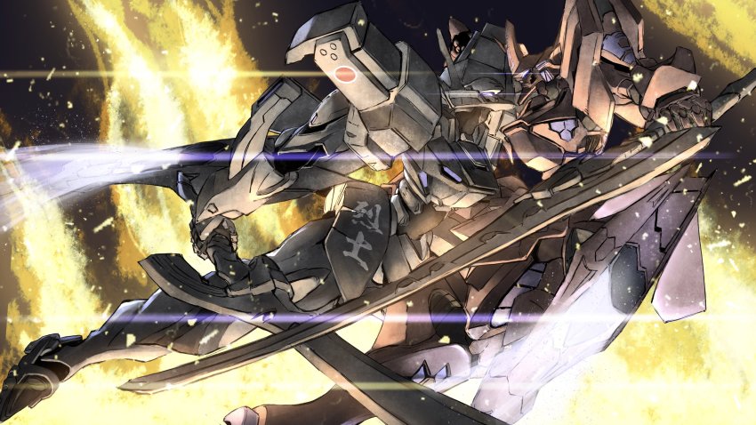 absurdres fighting fire from_side glowing highres holding holding_sword holding_weapon kawasemi_alter looking_at_another looking_up mecha mecha_focus muv-luv muv-luv_alternative muv-luv_alternative_(anime) no_humans robot science_fiction sword tactical_surface_fighter type_00_takemikazuchi type_94_shiranui weapon