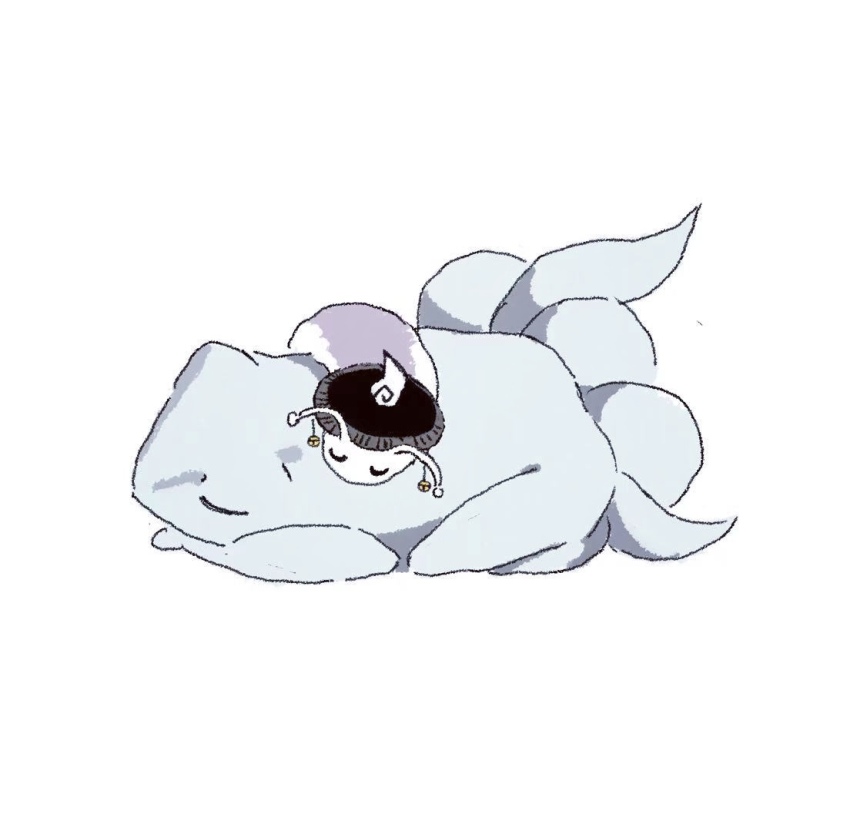 ajirogasa animal_focus azuma_kaisen azuma_kaisen_(frog) bell brown_hat closed_eyes commentary frog hat kesa_kujiru kesa_kujiru_(slug) len&#039;en multiple_tails no_humans simple_background sleeping slug soccerobsidian symbol-only_commentary tadpole_tail tail white_background