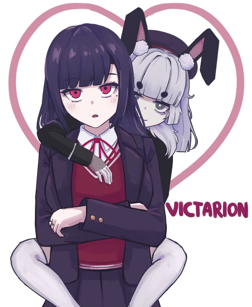 2girls banmin banmin_chan breasts brown_hair colored_skin eizoku_shizu eyeshadow eyeshadow_under_eye highres hime_cut kyouko large_breasts lipstick lolita long_hair makeup military mole multiple_girls permabanned red_eyes thick_thighs thighs victarionsc virtual_youtuber white_skin