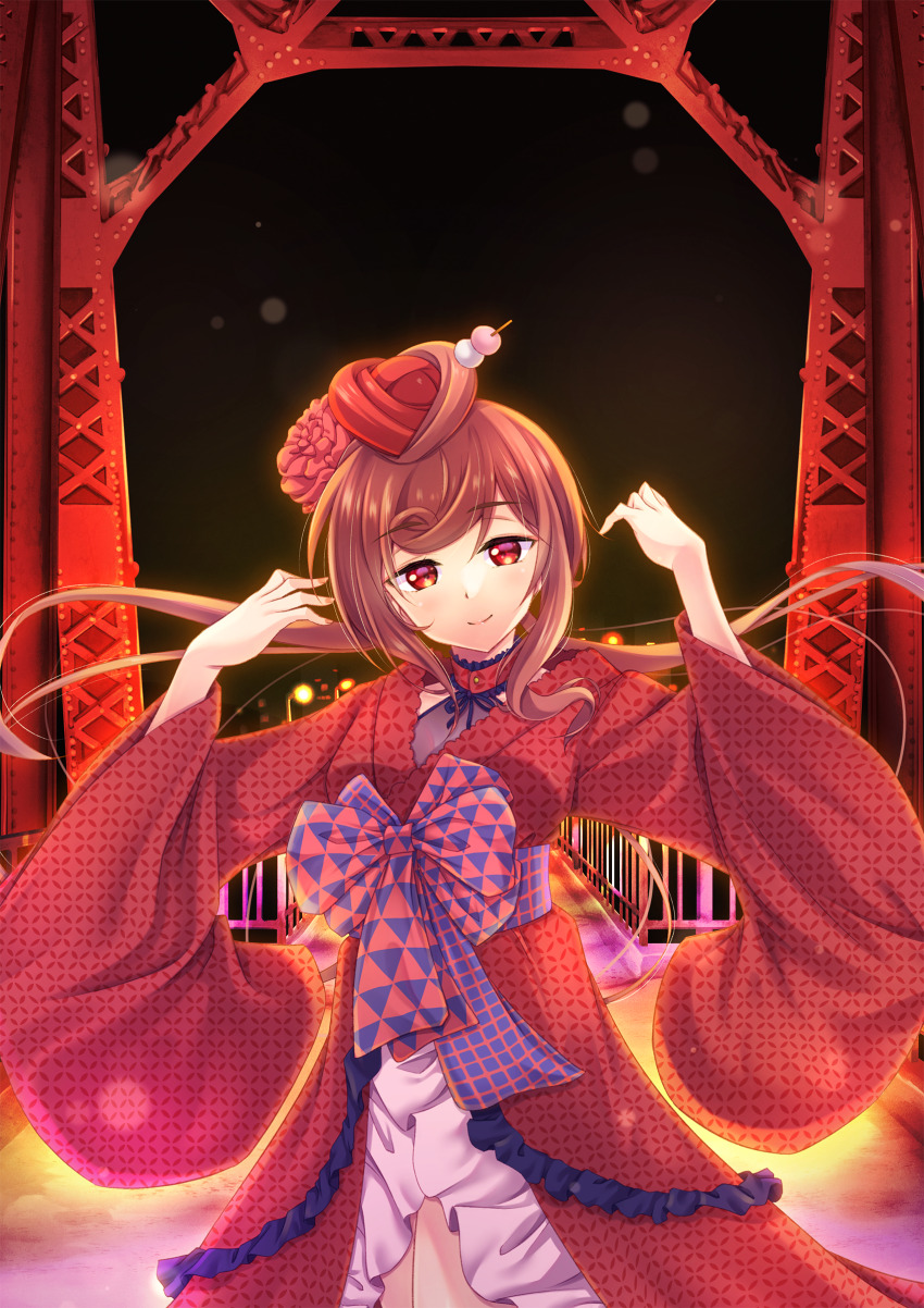 1girl absurdres brown_hair hair_ornament highres japanese_clothes kimono looking_at_viewer murasaki_atsushi night night_sky red_eyes red_kimono sky smile solo wide_sleeves yuugiri_(zombie_land_saga) zombie_land_saga