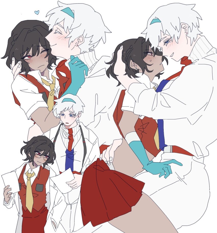 2girls 580aoi animification blush breasts genderswap genderswap_(mtf) glasses highres hug humanization jetfire kiss multiple_girls necktie simple_background skirt smile starscream transformers transformers:_generation_1 white_hair yuri