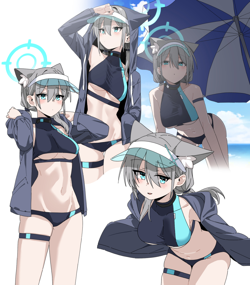 1girl absurdres animal_ear_fluff ass b.t._(boob_tong) bare_shoulders beach beach_umbrella black_choker blue_archive blue_eyes bodysuit breasts cape choker cloud gluteal_fold grey_hair highres hood hooded_jacket jacket long_hair looking_at_viewer medium_breasts navel ocean shiroko_(blue_archive) shiroko_terror_(blue_archive) sky slit_pupils stomach thigh_strap umbrella underboob