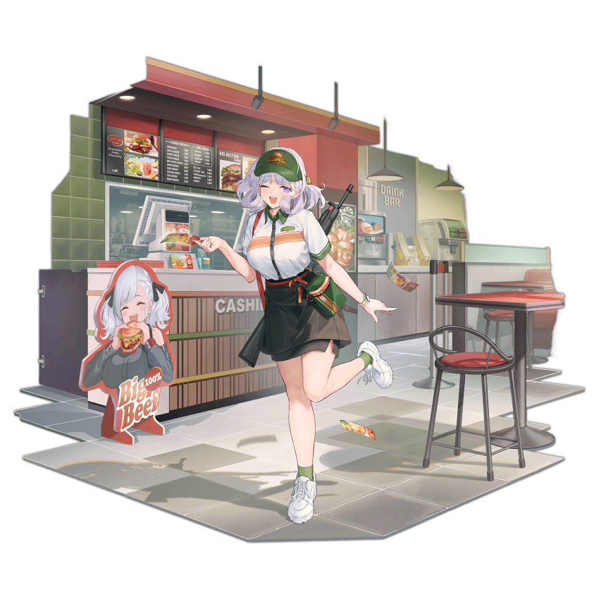 1girl ;d apron black_apron black_skirt blush booth_seating breasts burger cash_register ceiling_light chair character_cutout coffee_maker collared_shirt counter dual-mode_shotgun employee_uniform english_text fast_food fast_food_uniform fingernails flyer food franchi full_body girls&#039;_frontline green_bag green_hat green_socks gun hat highres holding_flyer large_breasts looking_at_viewer menu_board napkin official_alternate_costume official_art one_eye_closed open_mouth pump-action_shotgun pump_action restaurant semi-automatic_shotgun shadow shirt shoes short_sleeves shotgun skirt smile socks soda_fountain solo spas-12_(girls&#039;_frontline) spas-15 spas-15_(girls&#039;_frontline) spas-15_(miss_pittsburgh)_(girls&#039;_frontline) standing standing_on_one_leg table teeth third-party_source tile_floor tiles transparent_background u-suke_(supertie) upper_teeth_only visor_cap waist_apron watch weapon white_shirt white_shoes wristwatch