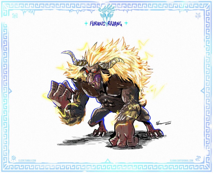 border character_name clenched_hands dated demon_horns eliz0r email_address furious_rajang highres horns monster monster_hunter:_world monster_hunter_(series) monster_hunter_world:_iceborne open_mouth red_eyes signature simple_background sparks teeth tumblr_username