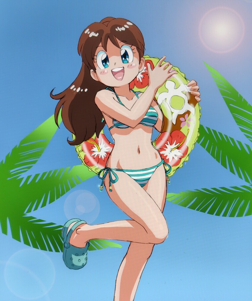 1girl bikini blue_bikini blue_eyes blush_stickers breasts brown_hair collarbone crocs genji_tsuushin_agedama halterneck heike_ibuki highres holding holding_swim_ring innertube lens_flare long_hair looking_at_viewer mizutani_kenta multicolored_bikini navel open_mouth original outdoors palm_tree side-tie_bikini_bottom sky solo standing standing_on_one_leg striped_bikini striped_clothes sun sunlight swim_ring swimsuit tenpuraken tree two-tone_bikini white_bikini