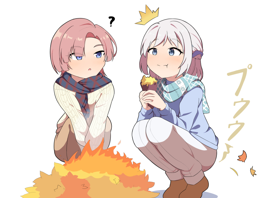 2girls :t ? absurdres arimura_mao autumn_leaves blue_eyes eating fart food gakuen_idolmaster grey_hair highres idolmaster katsuragi_lilja leaf multiple_girls pink_hair roasted_sweet_potato scarf short_hair squatting surprised sweater sweet_potato user_zywd7353